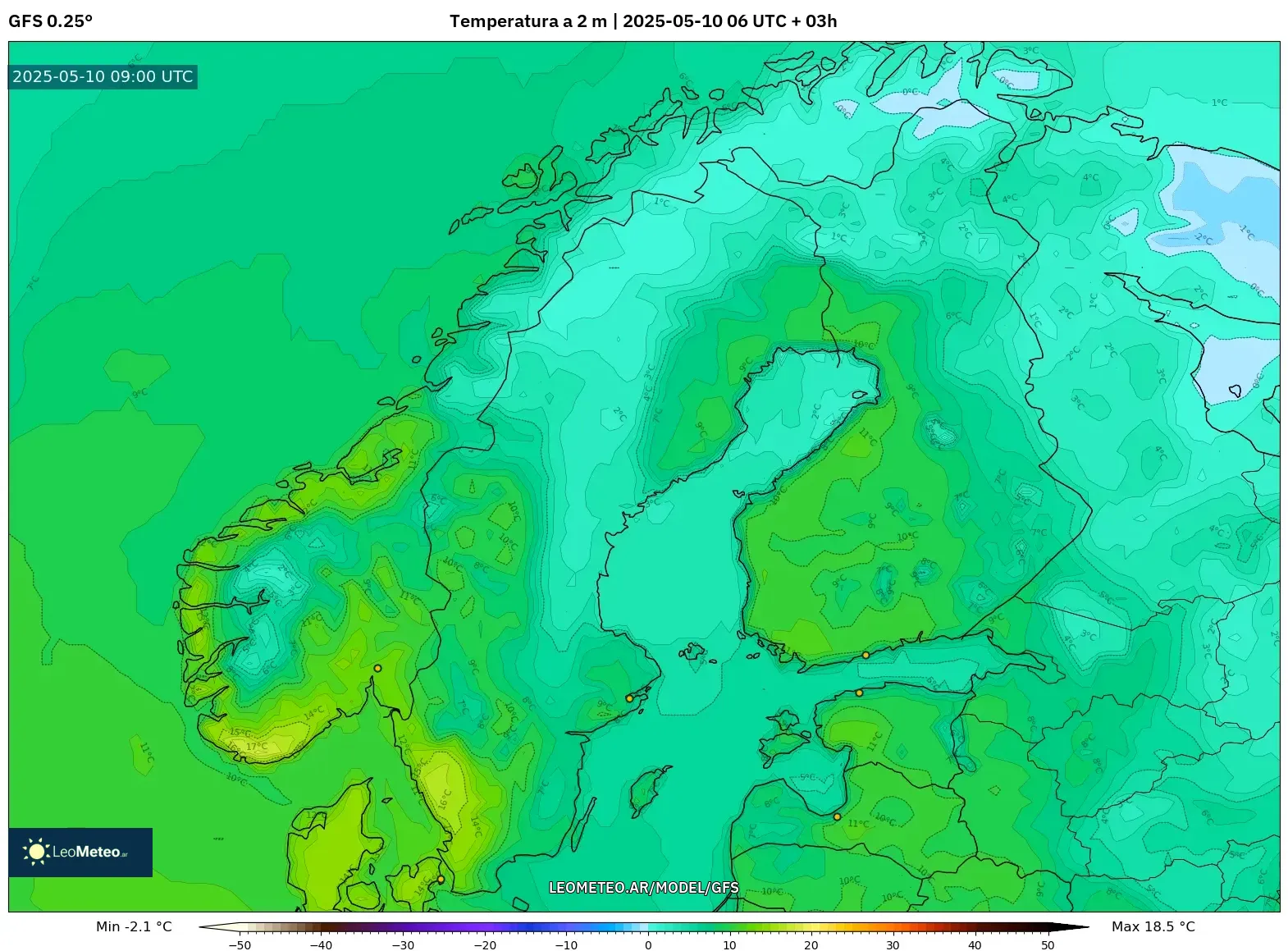 GFS - Escandinavia, Temperatura a 2 m GFS - Escandinavia, Temperatura a 2 m