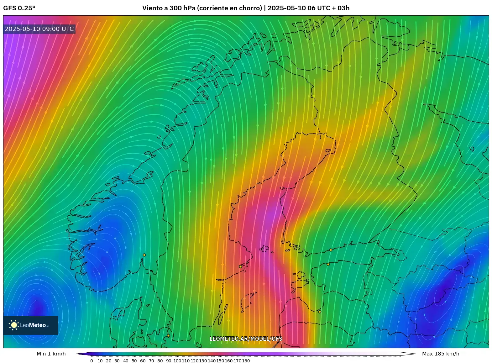 GFS - Escandinavia, Viento a 300 hPa (corriente en chorro) GFS - Escandinavia, Viento a 300 hPa (corriente en chorro)