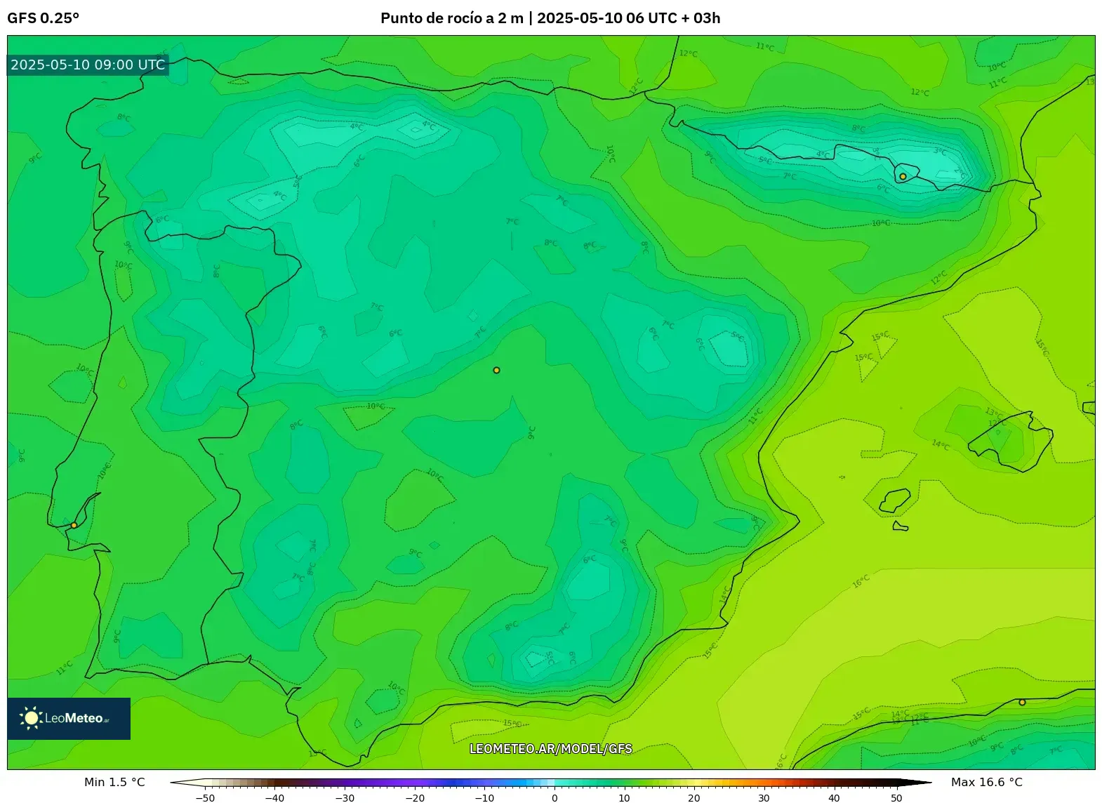 GFS - España, Punto de rocío a 2 m GFS - España, Punto de rocío a 2 m