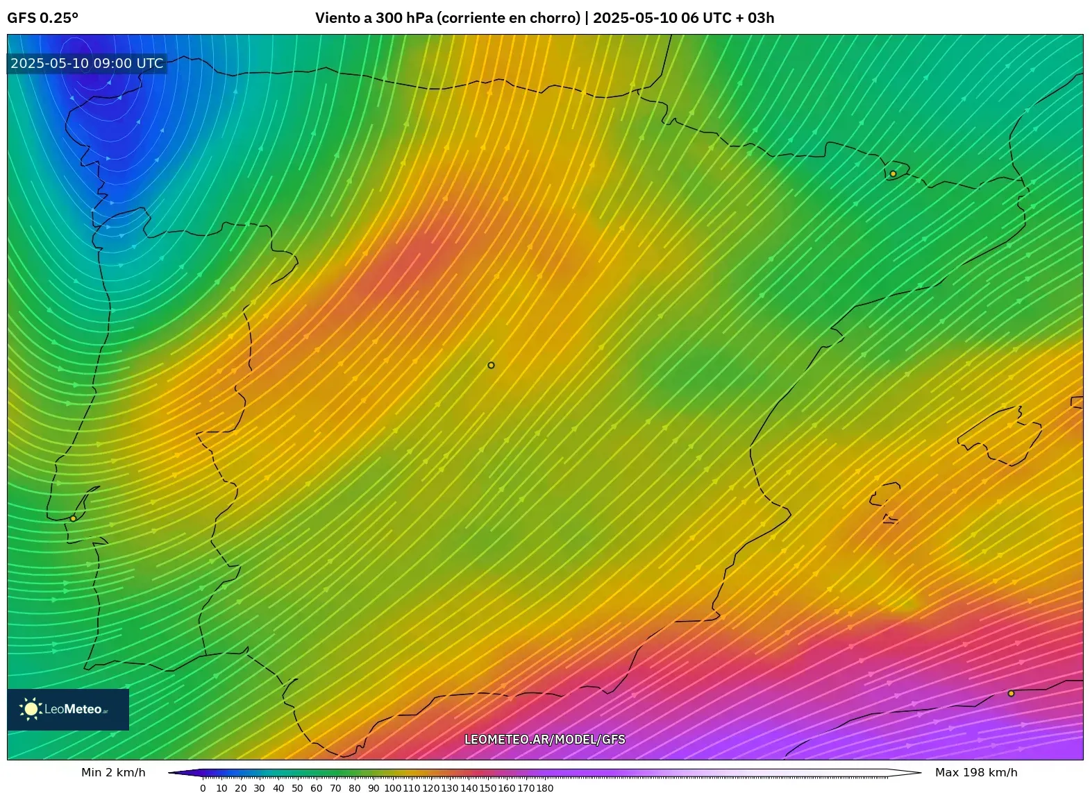 GFS - España, Viento a 300 hPa (corriente en chorro) GFS - España, Viento a 300 hPa (corriente en chorro)