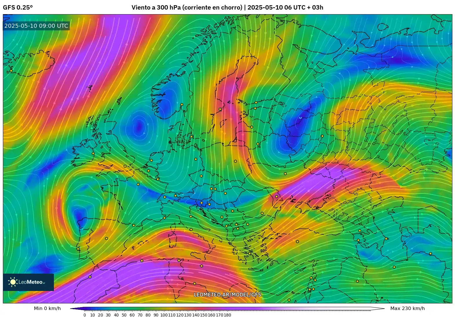 GFS - Europa, Viento a 300 hPa (corriente en chorro)