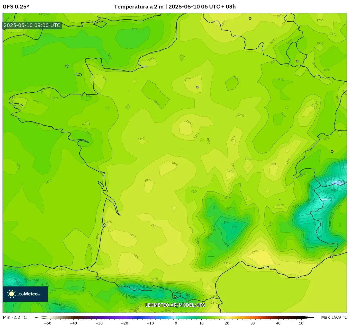 GFS - Francia, Temperatura a 2 m GFS - Francia, Temperatura a 2 m