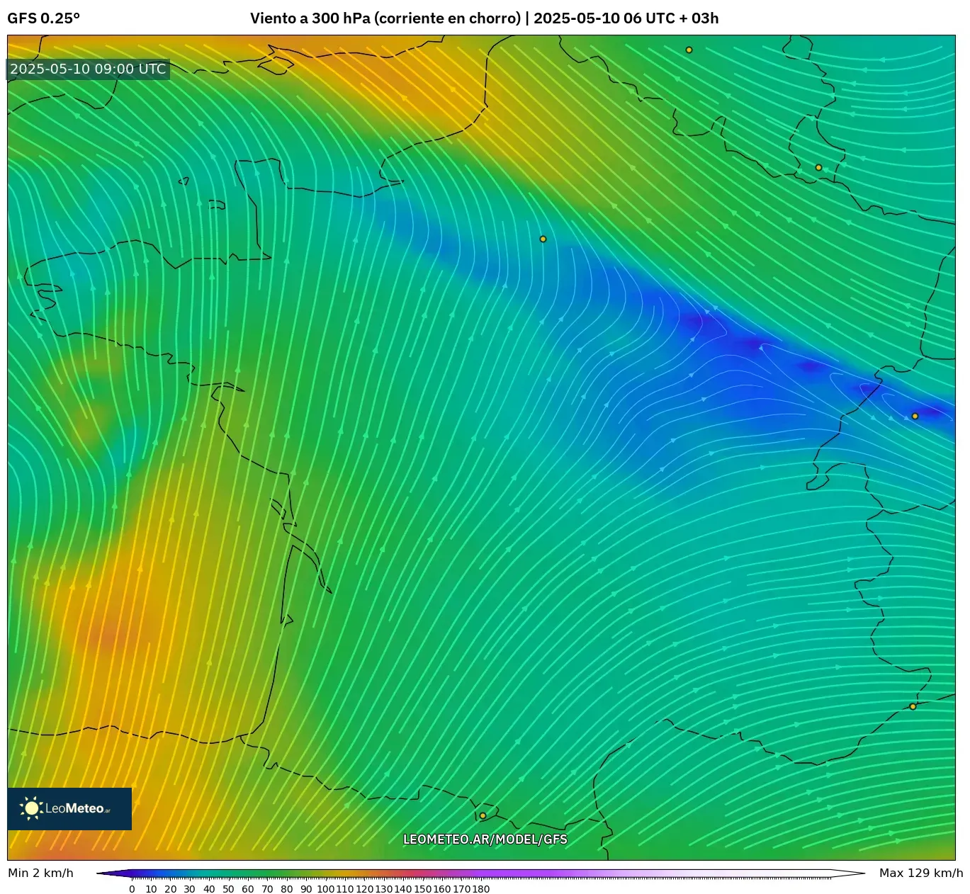 GFS - Francia, Viento a 300 hPa (corriente en chorro) GFS - Francia, Viento a 300 hPa (corriente en chorro)