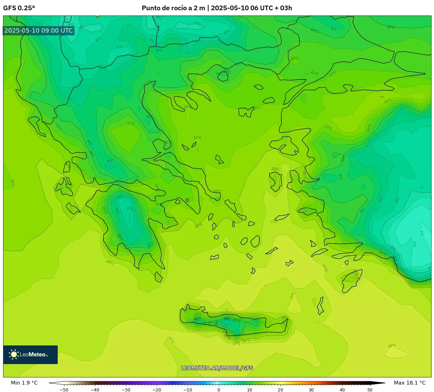 GFS - Grecia, Punto de rocío a 2 m GFS - Grecia, Punto de rocío a 2 m
