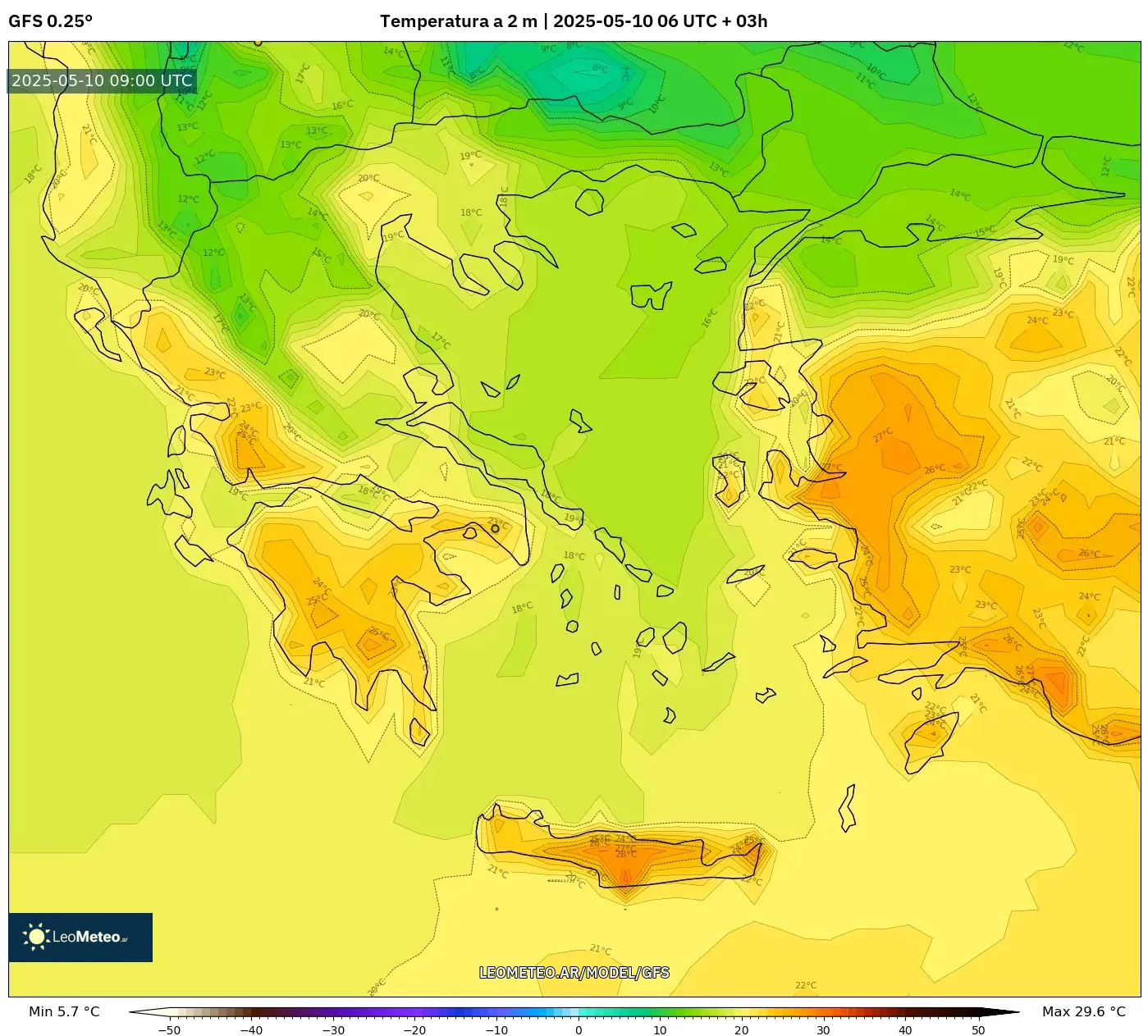 GFS - Grecia, Temperatura a 2 m GFS - Grecia, Temperatura a 2 m