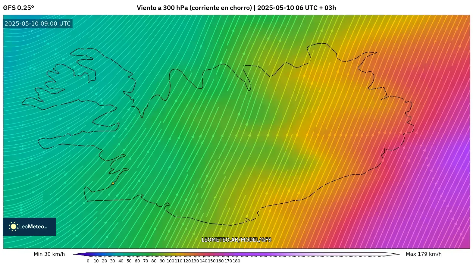 GFS - Islandia, Viento a 300 hPa (corriente en chorro) GFS - Islandia, Viento a 300 hPa (corriente en chorro)