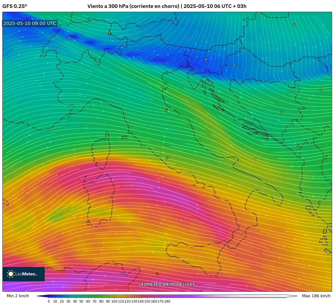 GFS - Italia, Viento a 300 hPa (corriente en chorro) GFS - Italia, Viento a 300 hPa (corriente en chorro)
