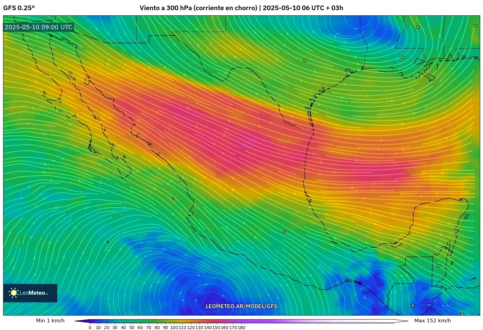 GFS - México, Viento a 300 hPa (corriente en chorro) GFS - México, Viento a 300 hPa (corriente en chorro)