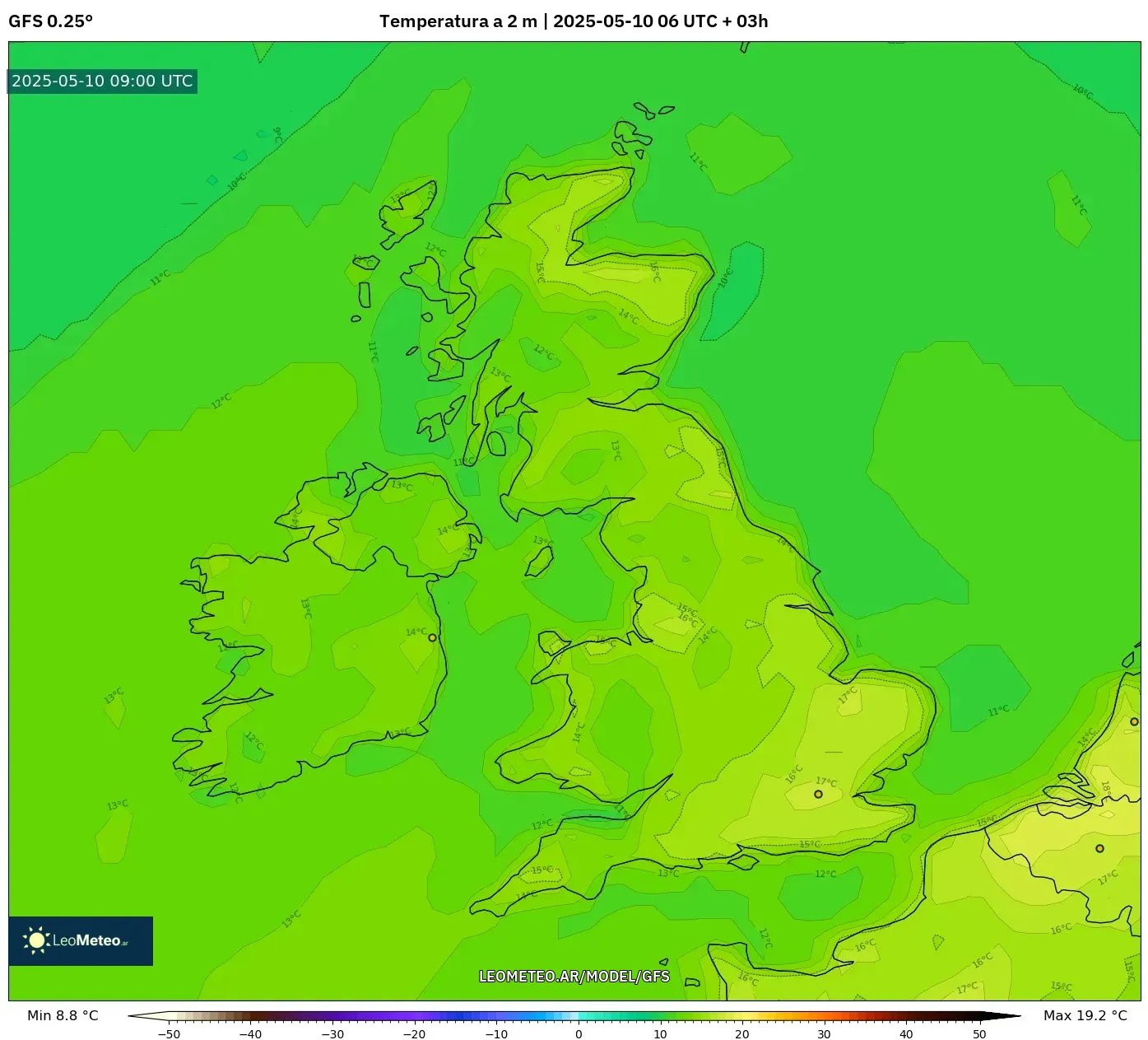 GFS - Reino Unido, Temperatura a 2 m GFS - Reino Unido, Temperatura a 2 m