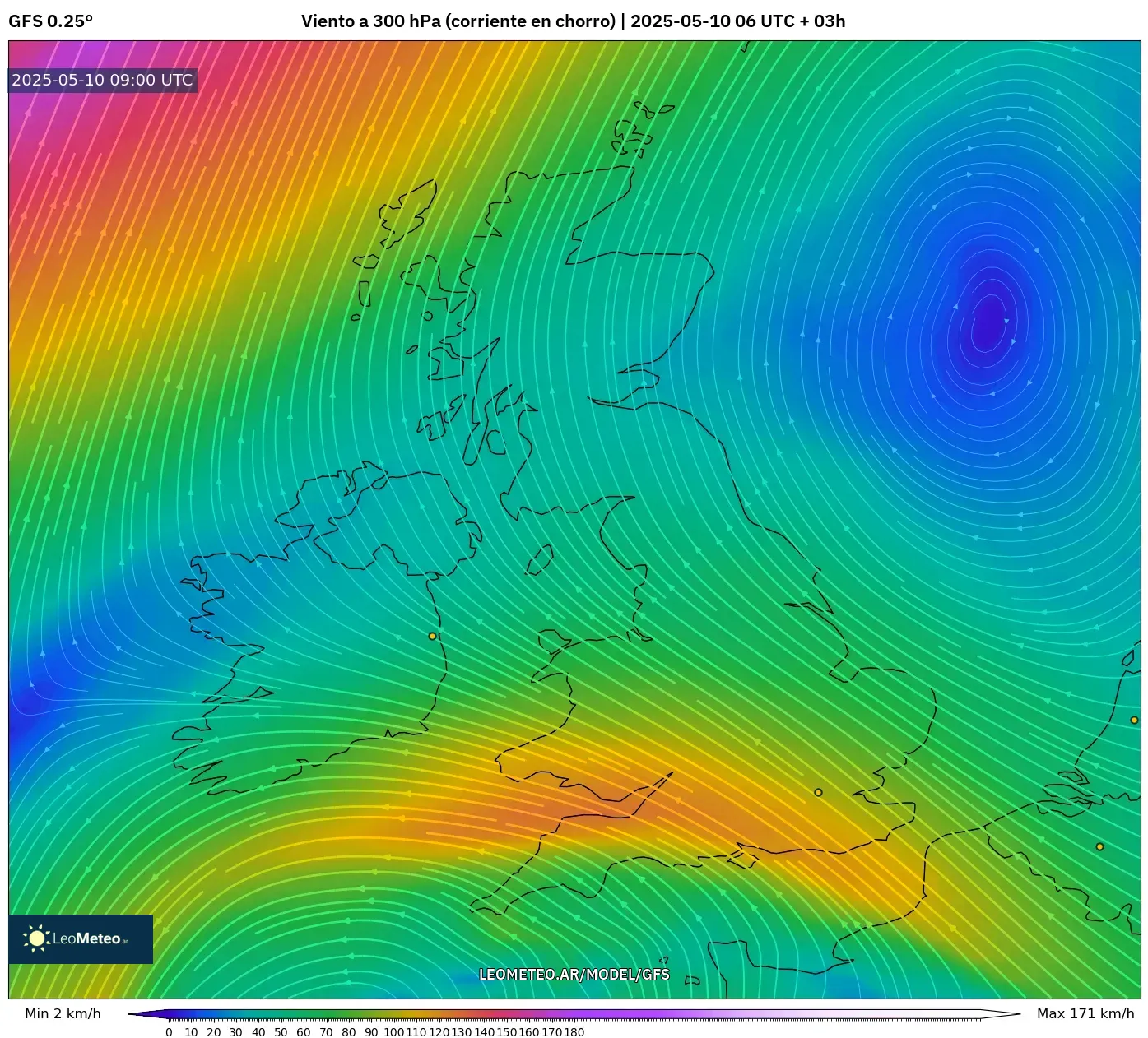 GFS - Reino Unido, Viento a 300 hPa (corriente en chorro) GFS - Reino Unido, Viento a 300 hPa (corriente en chorro)