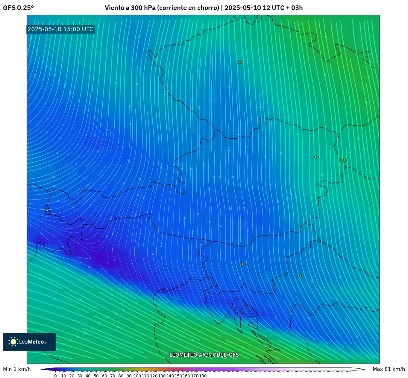 GFS - Austria, Viento a 300 hPa (corriente en chorro) GFS - Austria, Viento a 300 hPa (corriente en chorro)