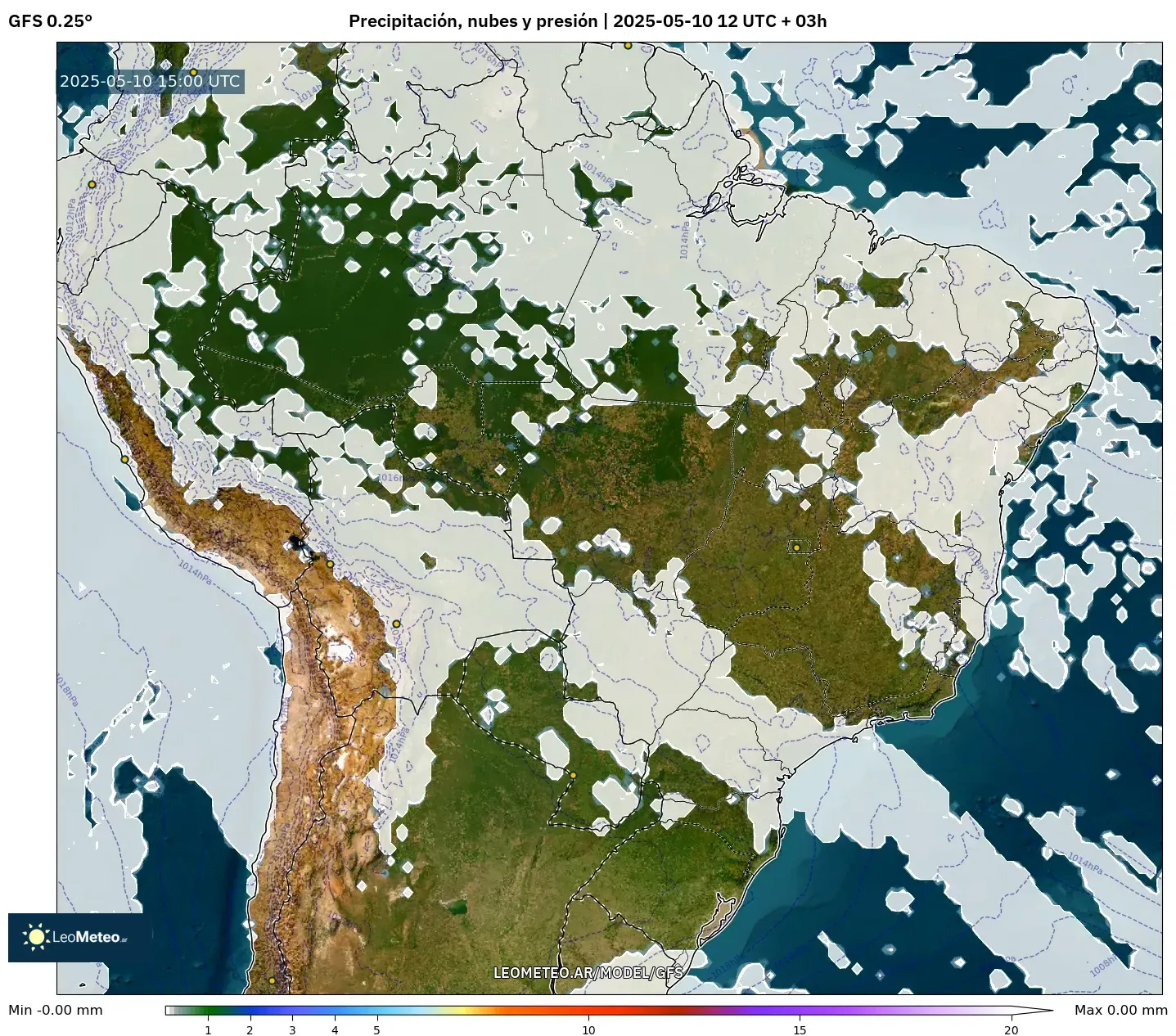 GFS - Brasil, Precipitación, nubes y presión GFS - Brasil, Precipitación, nubes y presión