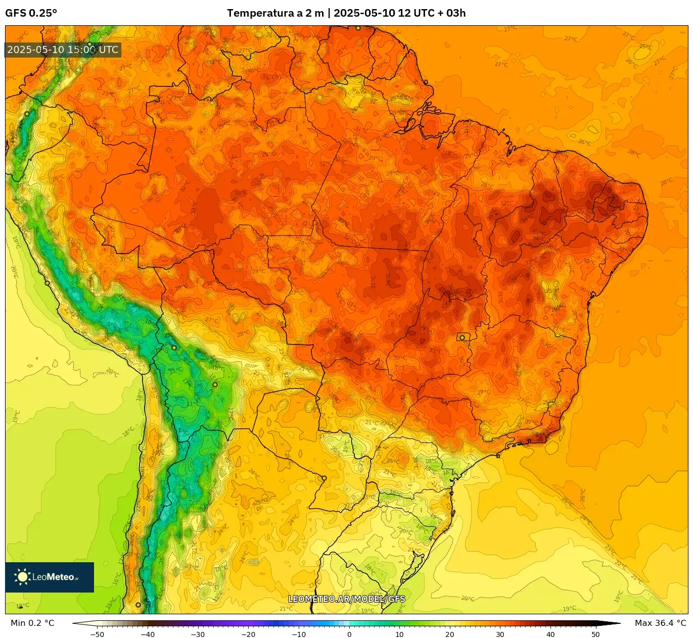 GFS - Brasil, Temperatura a 2 m GFS - Brasil, Temperatura a 2 m