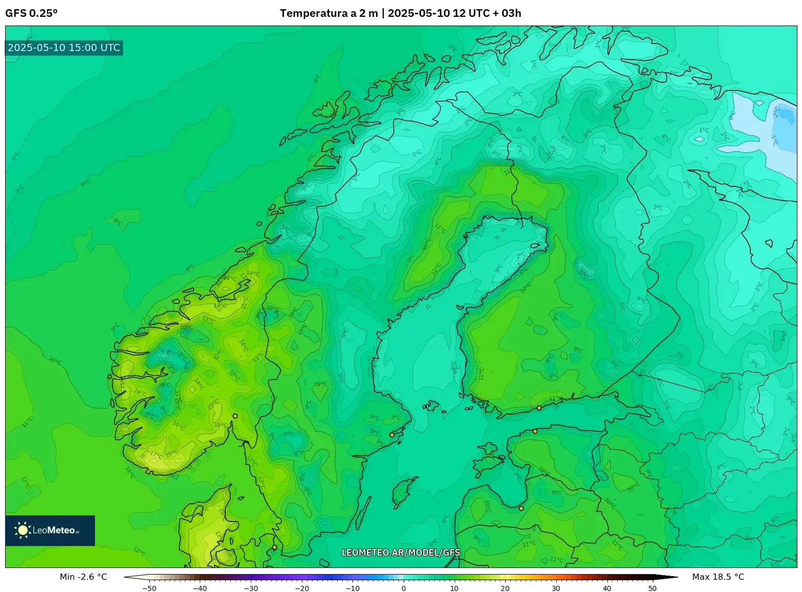 GFS - Escandinavia, Temperatura a 2 m GFS - Escandinavia, Temperatura a 2 m