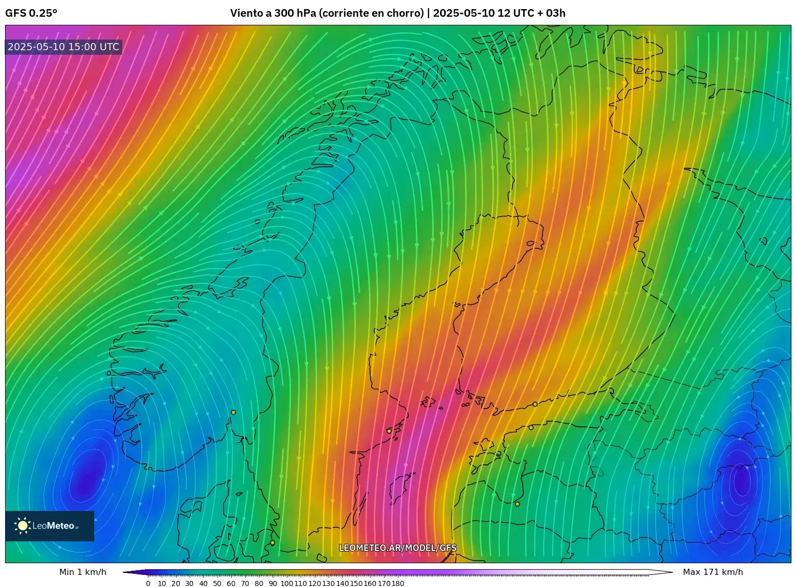 GFS - Escandinavia, Viento a 300 hPa (corriente en chorro) GFS - Escandinavia, Viento a 300 hPa (corriente en chorro)