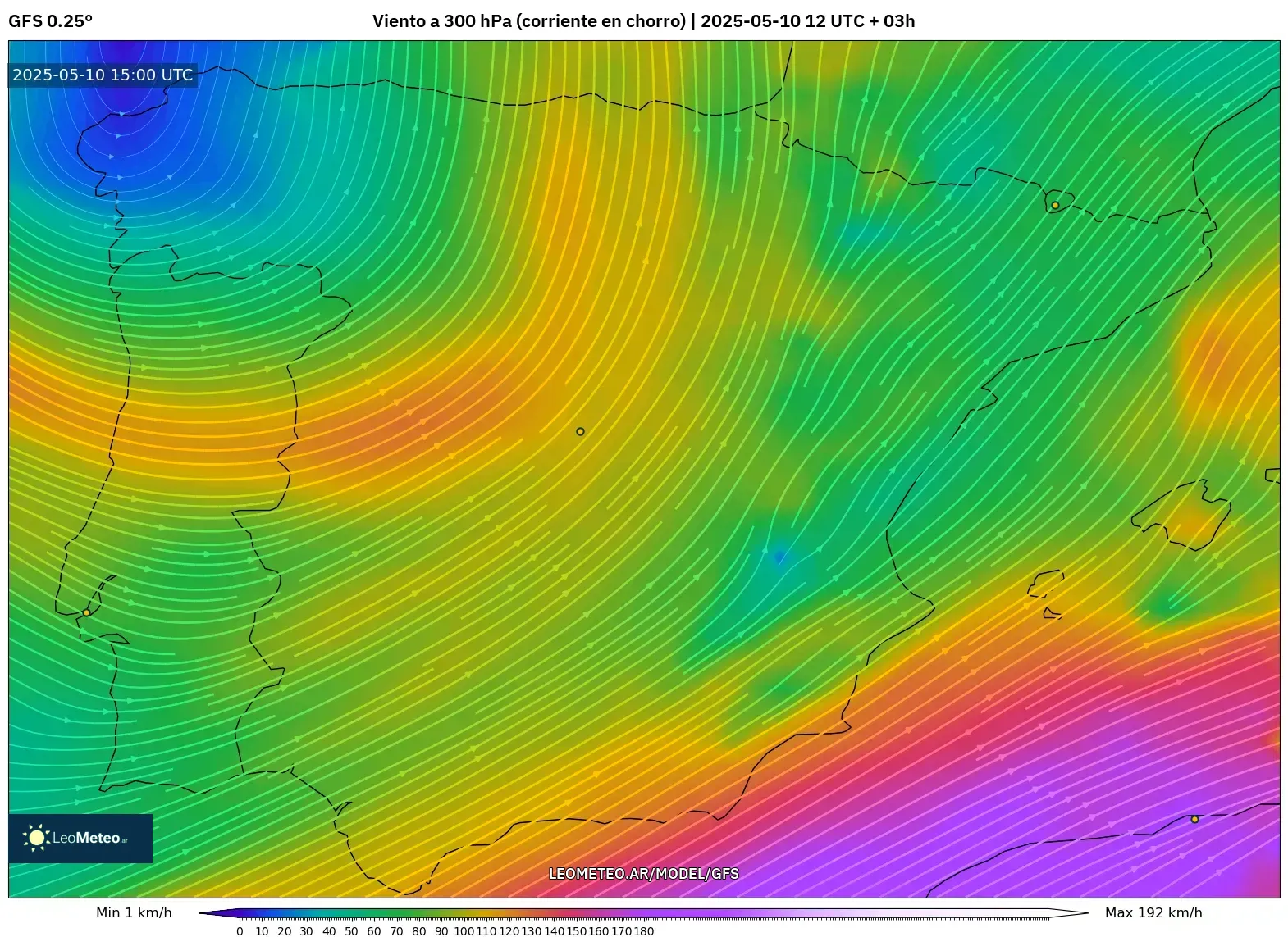 GFS - España, Viento a 300 hPa (corriente en chorro) GFS - España, Viento a 300 hPa (corriente en chorro)