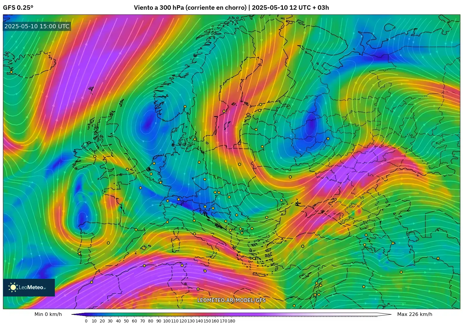 GFS - Europa, Viento a 300 hPa (corriente en chorro)