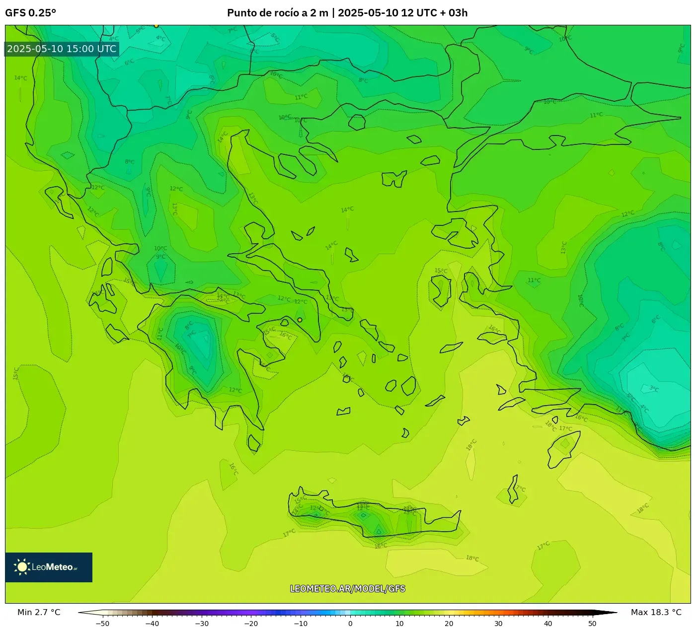 GFS - Grecia, Punto de rocío a 2 m GFS - Grecia, Punto de rocío a 2 m