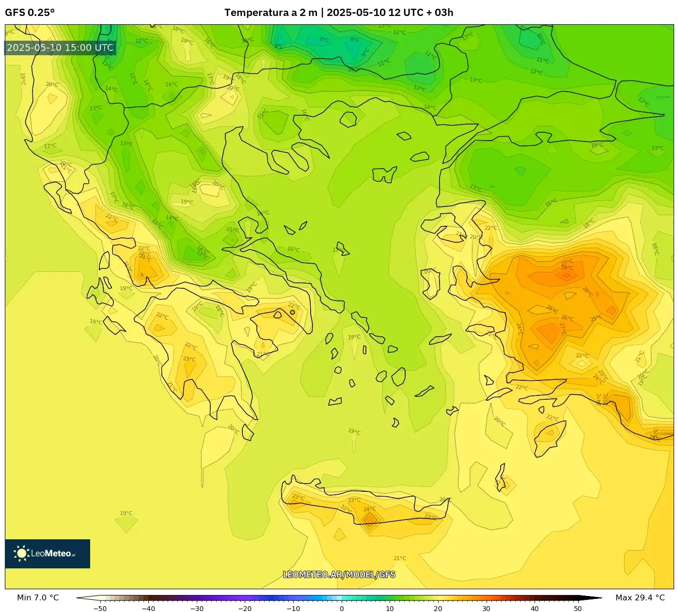 GFS - Grecia, Temperatura a 2 m GFS - Grecia, Temperatura a 2 m