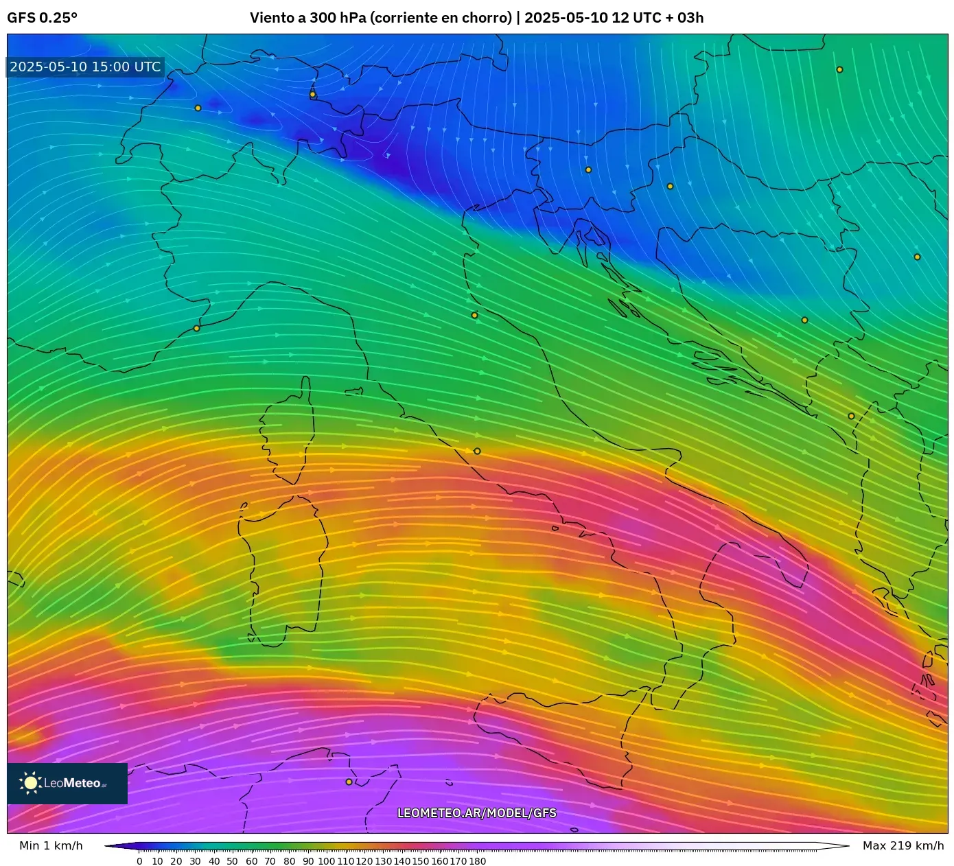 GFS - Italia, Viento a 300 hPa (corriente en chorro) GFS - Italia, Viento a 300 hPa (corriente en chorro)