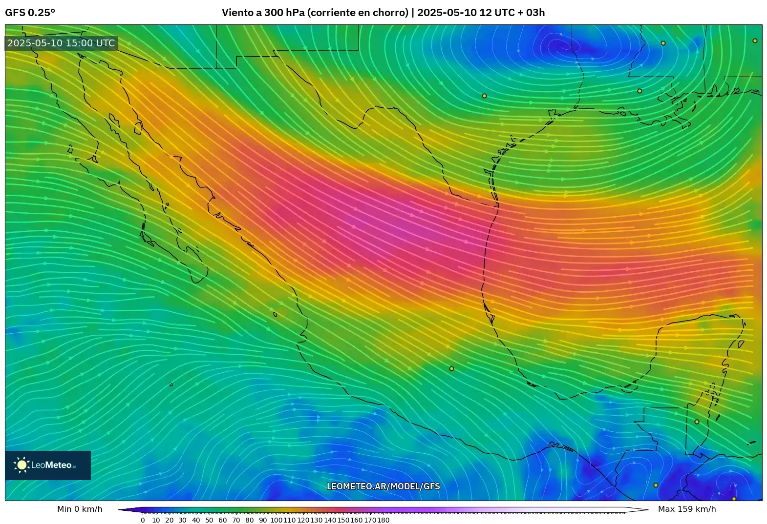 GFS - México, Viento a 300 hPa (corriente en chorro) GFS - México, Viento a 300 hPa (corriente en chorro)