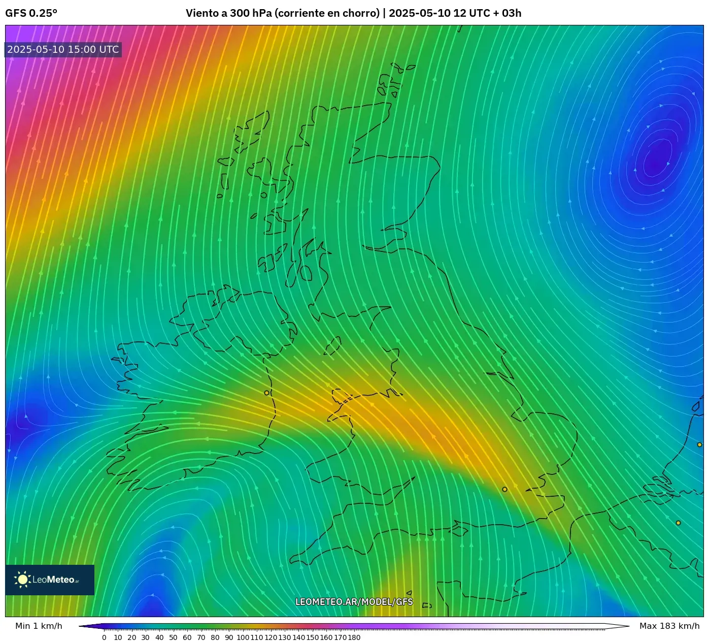 GFS - Reino Unido, Viento a 300 hPa (corriente en chorro) GFS - Reino Unido, Viento a 300 hPa (corriente en chorro)