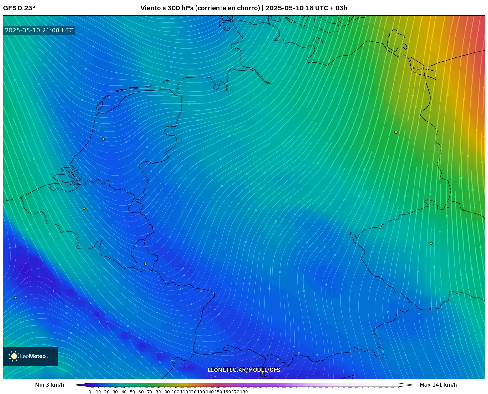 GFS - Alemania, Viento a 300 hPa (corriente en chorro) GFS - Alemania, Viento a 300 hPa (corriente en chorro)
