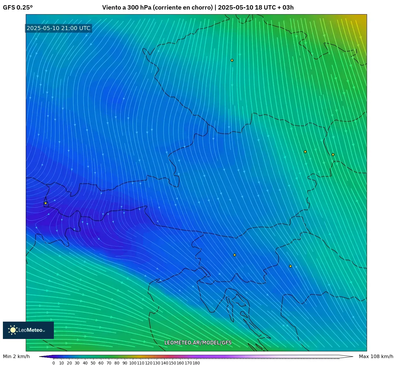 GFS - Austria, Viento a 300 hPa (corriente en chorro) GFS - Austria, Viento a 300 hPa (corriente en chorro)