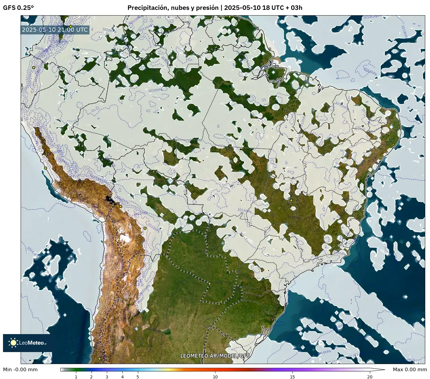 GFS - Brasil, Precipitación, nubes y presión GFS - Brasil, Precipitación, nubes y presión