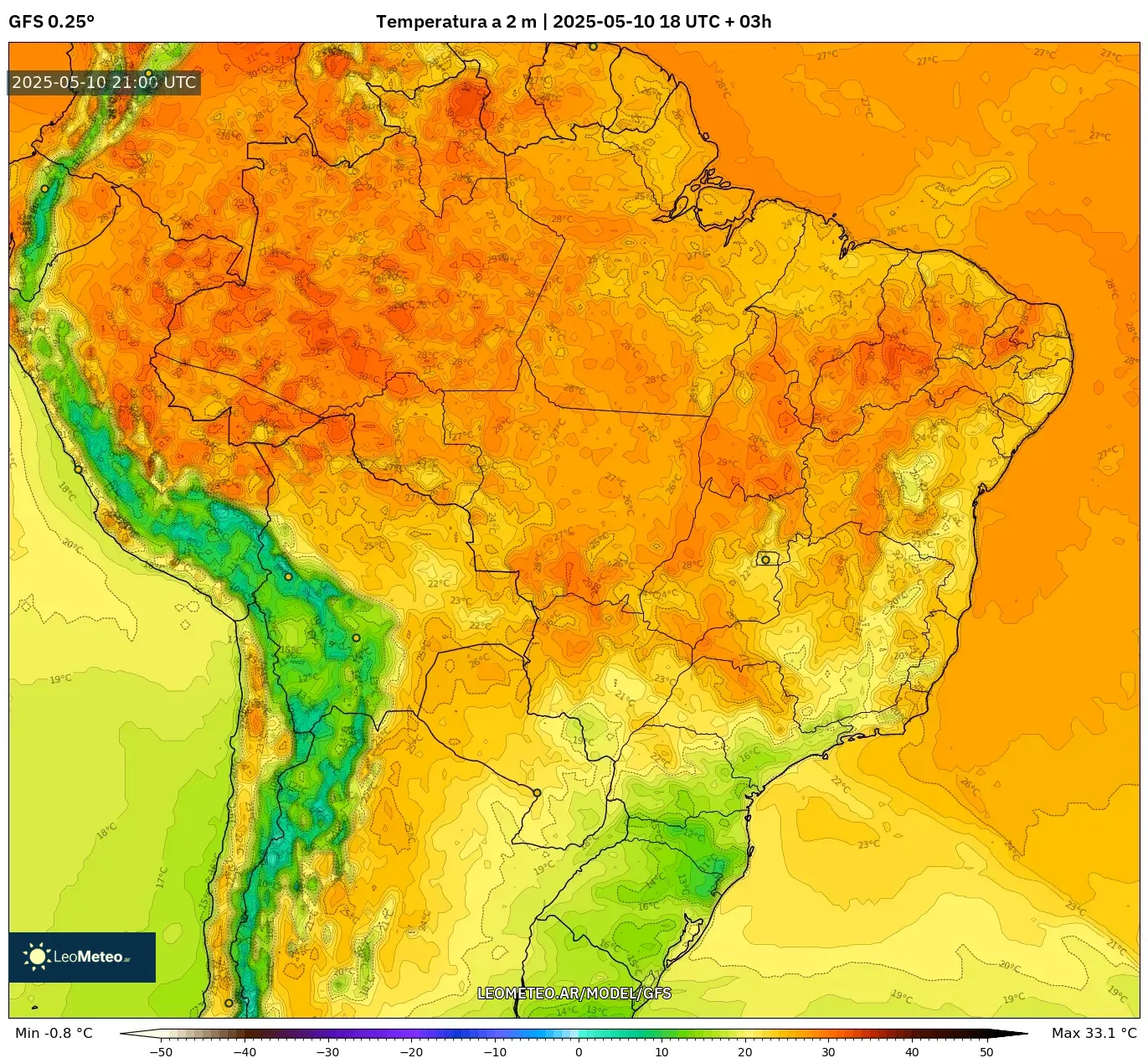 GFS - Brasil, Temperatura a 2 m GFS - Brasil, Temperatura a 2 m