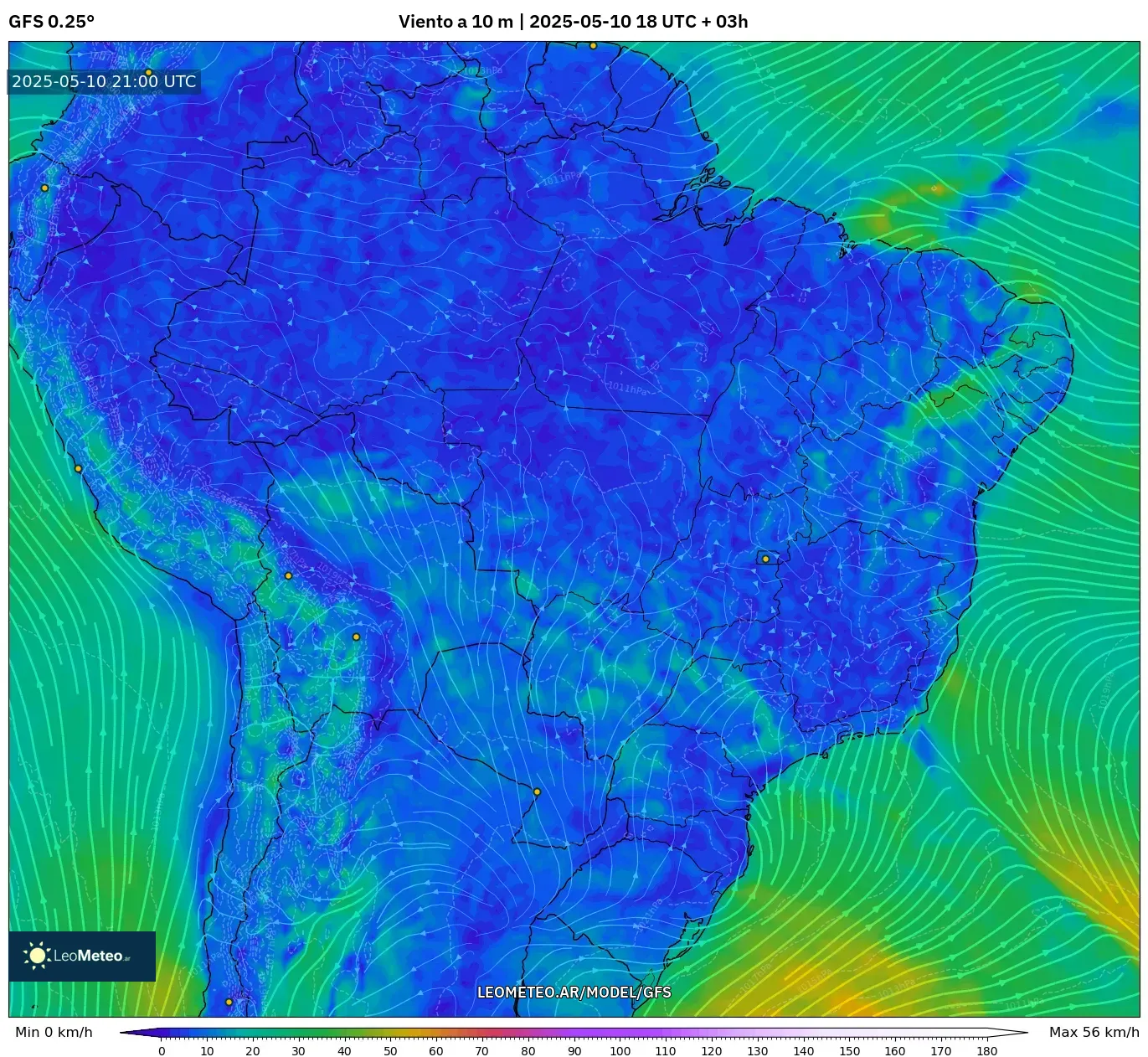 GFS - Brasil, Viento a 10 m GFS - Brasil, Viento a 10 m