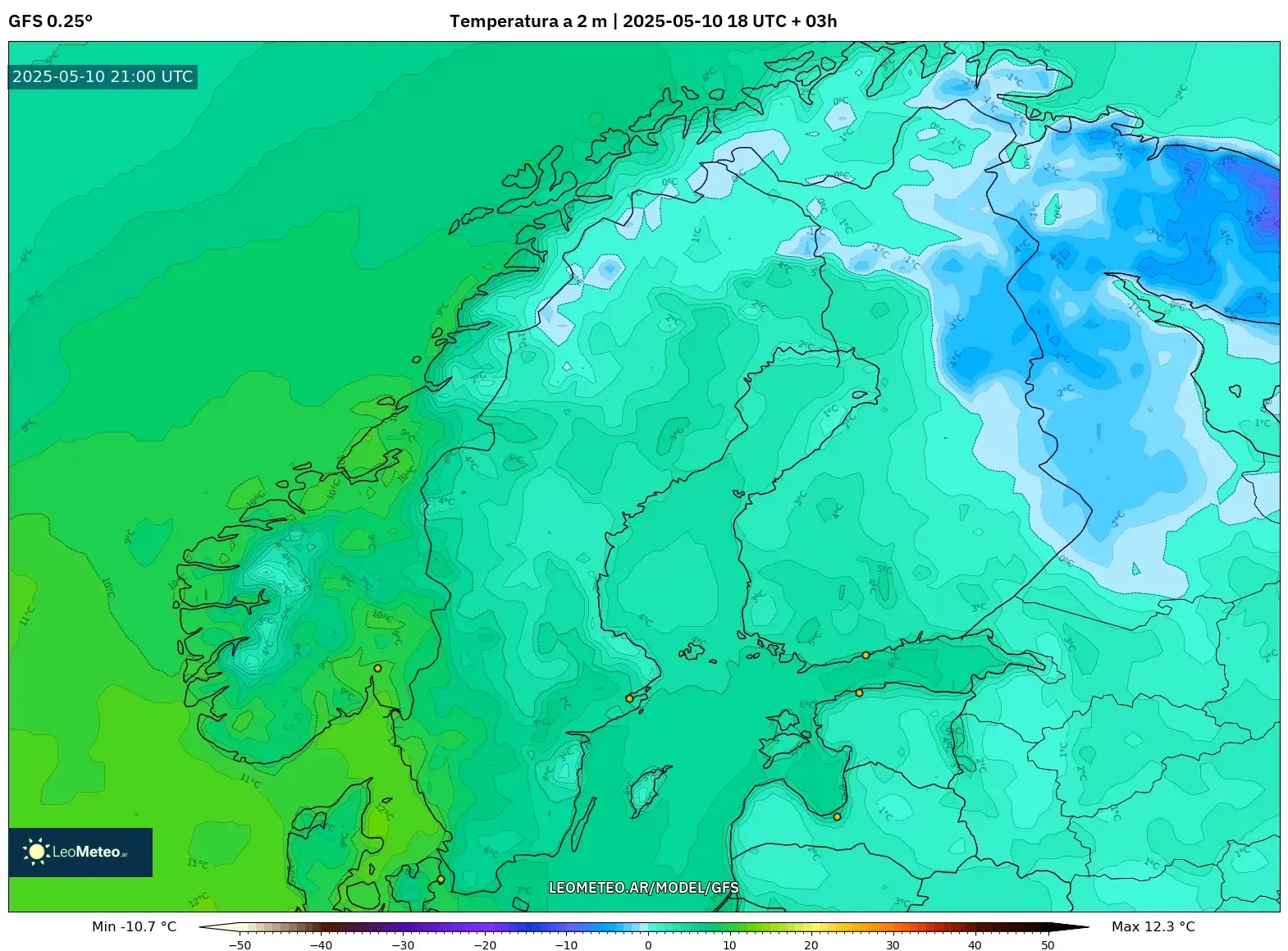 GFS - Escandinavia, Temperatura a 2 m GFS - Escandinavia, Temperatura a 2 m
