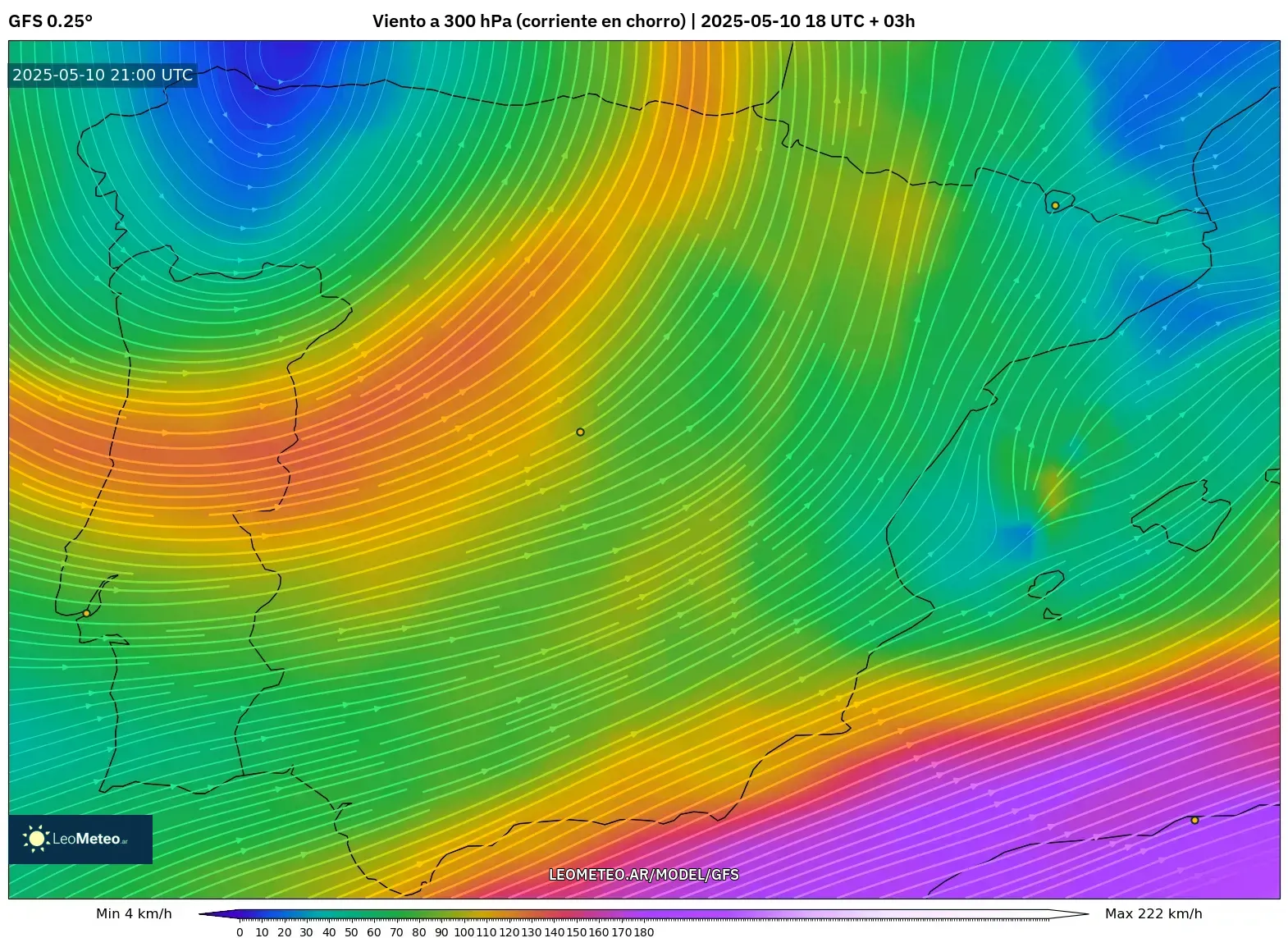 GFS - España, Viento a 300 hPa (corriente en chorro) GFS - España, Viento a 300 hPa (corriente en chorro)