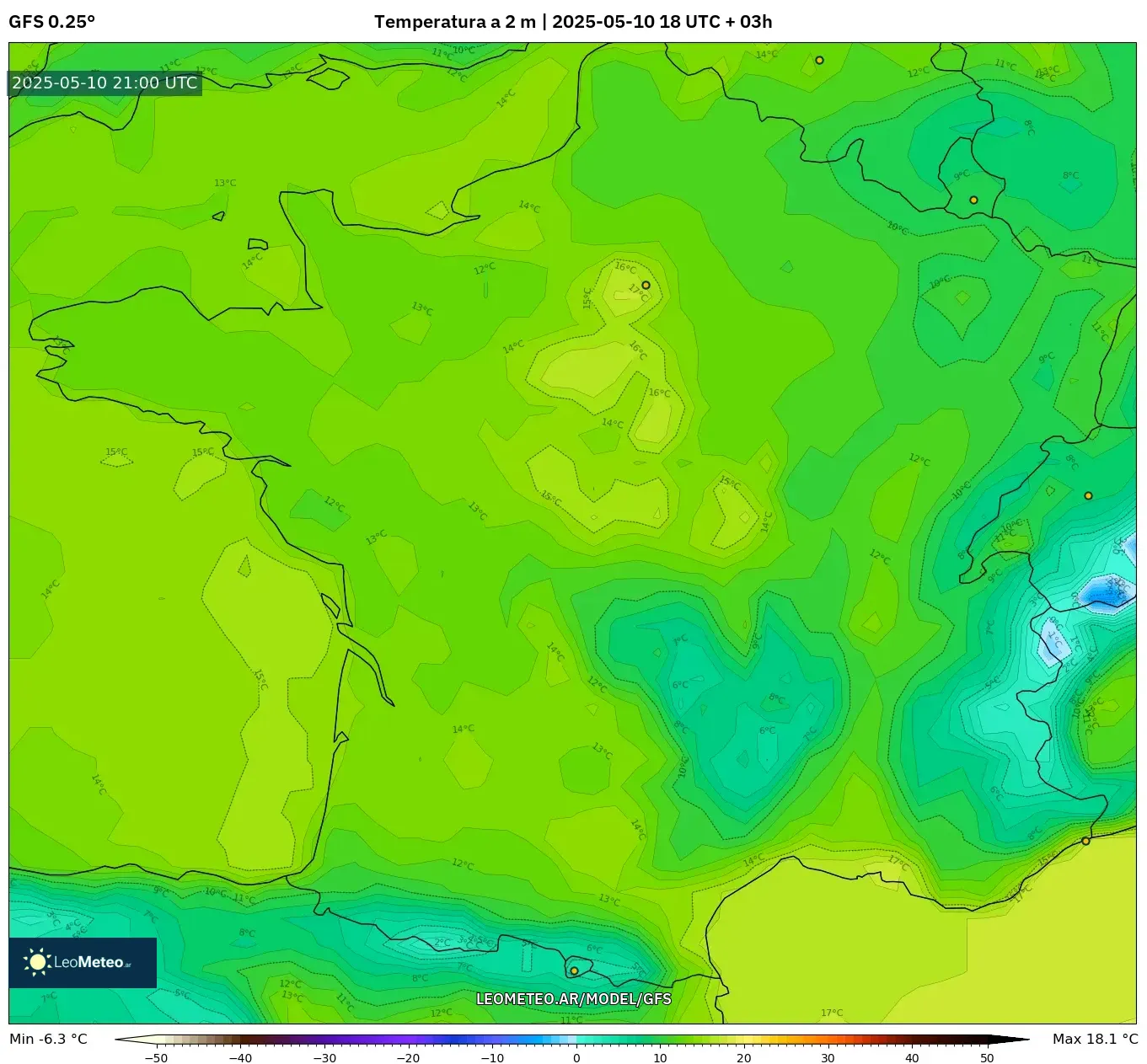 GFS - Francia, Temperatura a 2 m GFS - Francia, Temperatura a 2 m