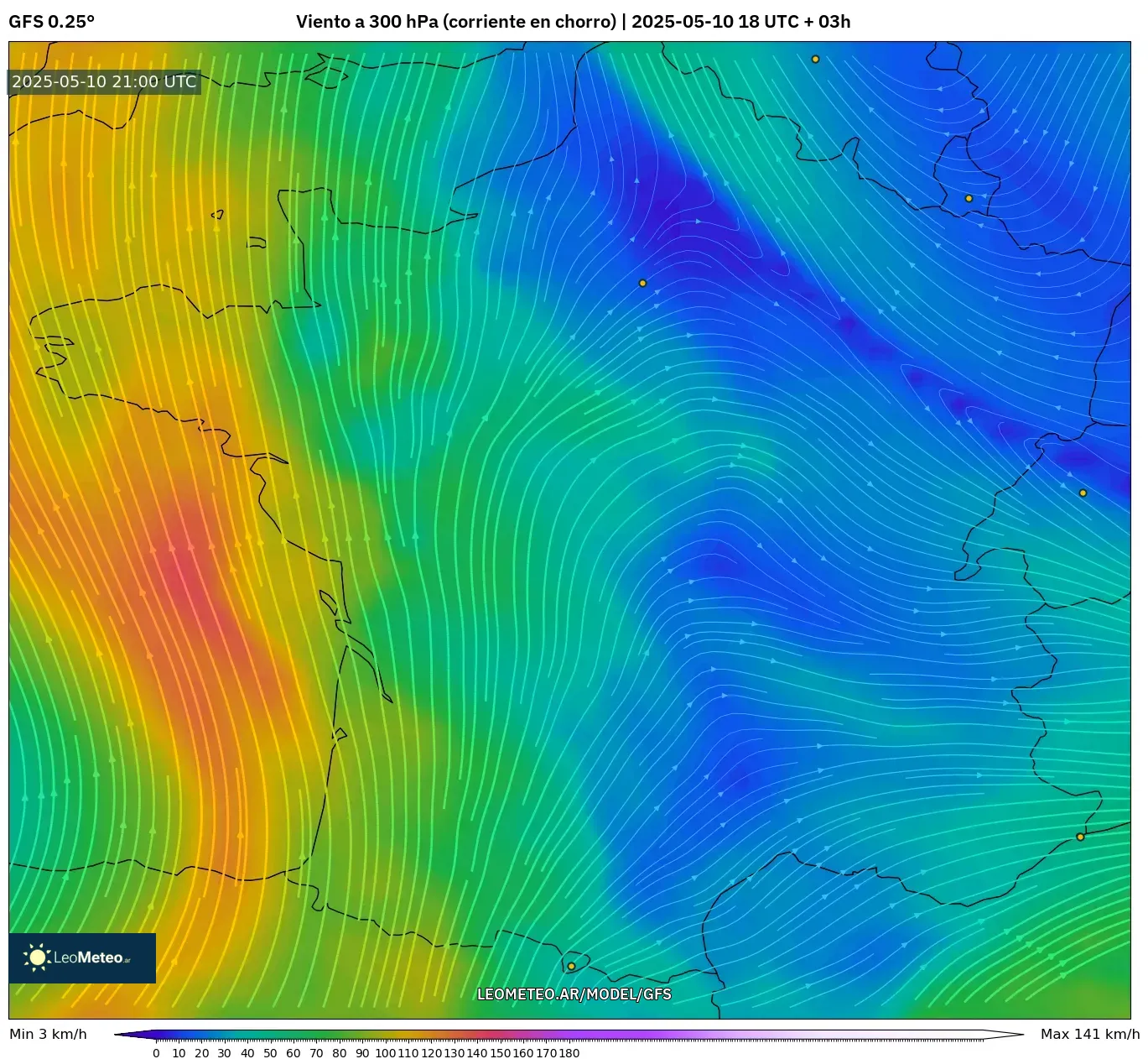 GFS - Francia, Viento a 300 hPa (corriente en chorro) GFS - Francia, Viento a 300 hPa (corriente en chorro)