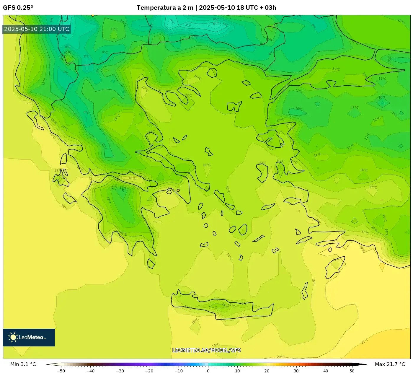GFS - Grecia, Temperatura a 2 m GFS - Grecia, Temperatura a 2 m