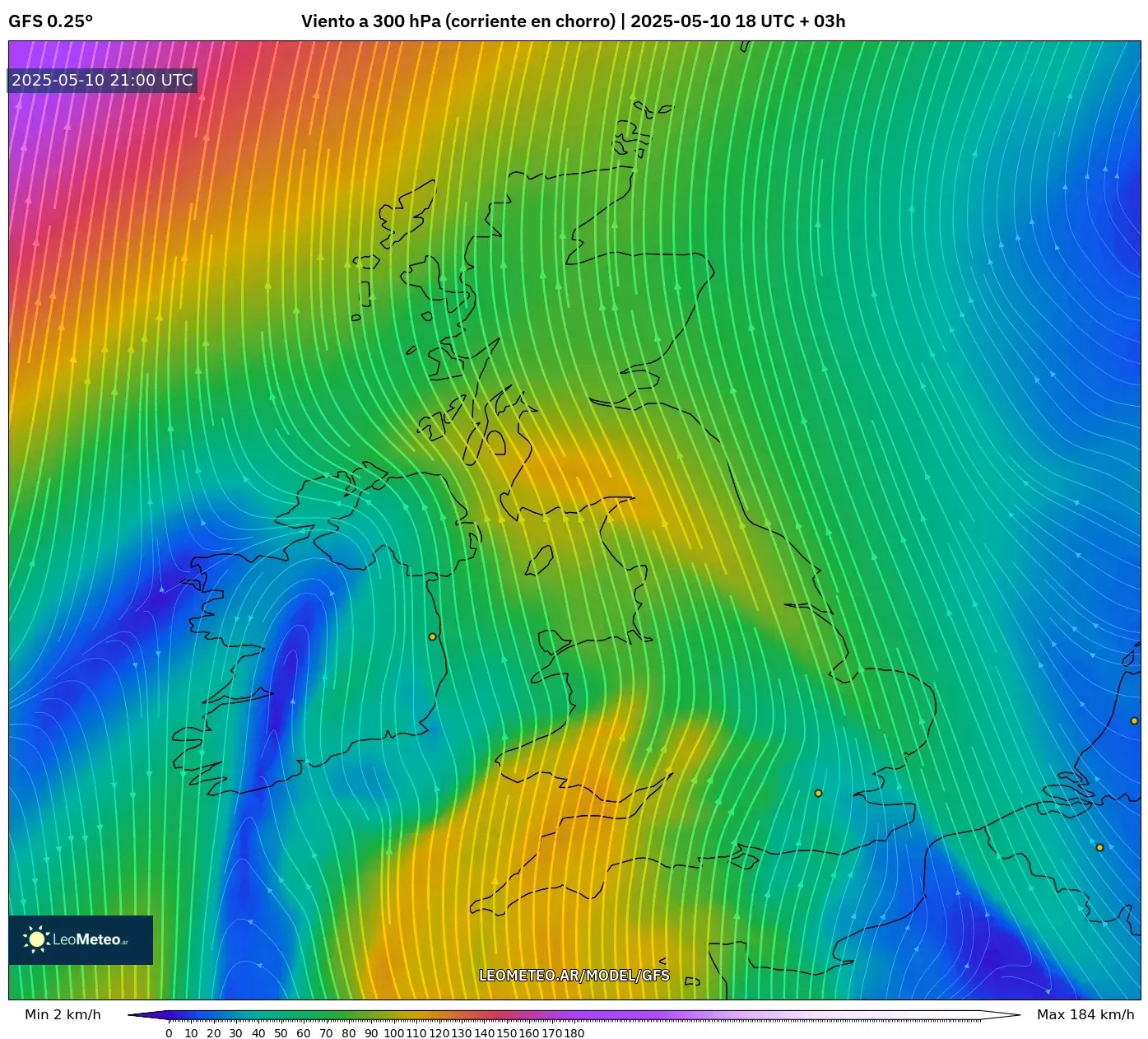 GFS - Reino Unido, Viento a 300 hPa (corriente en chorro) GFS - Reino Unido, Viento a 300 hPa (corriente en chorro)
