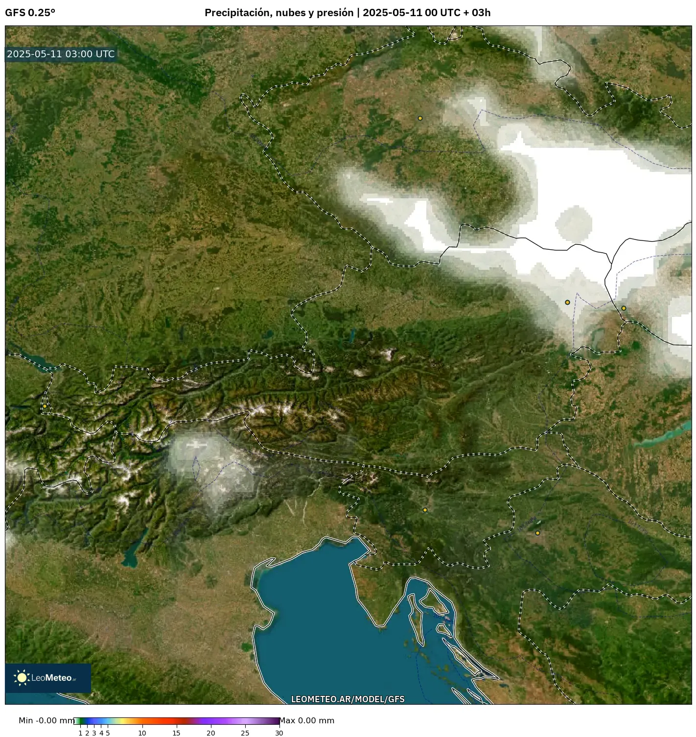 GFS - Austria, Precipitación, nubes y presión GFS - Austria, Precipitación, nubes y presión