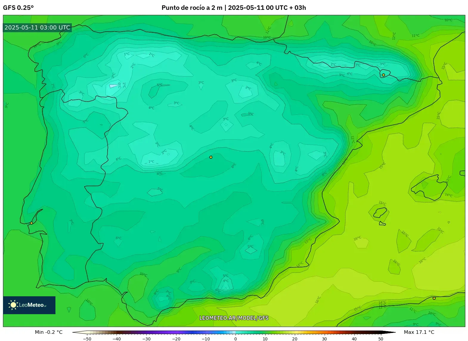 GFS - España, Punto de rocío a 2 m GFS - España, Punto de rocío a 2 m