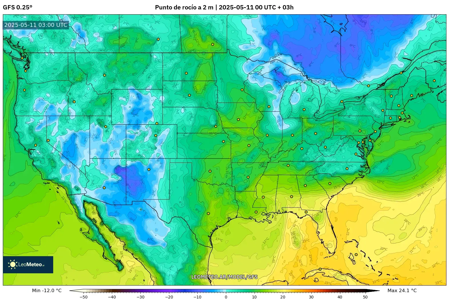 GFS - Estados Unidos, Punto de rocío a 2 m GFS - Estados Unidos, Punto de rocío a 2 m