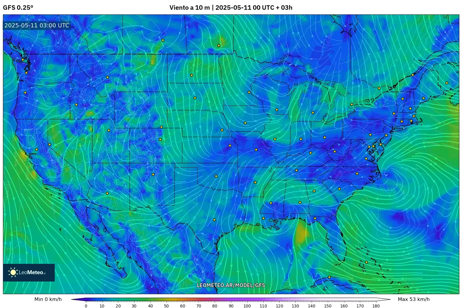 GFS - Estados Unidos, Viento a 10 m GFS - Estados Unidos, Viento a 10 m