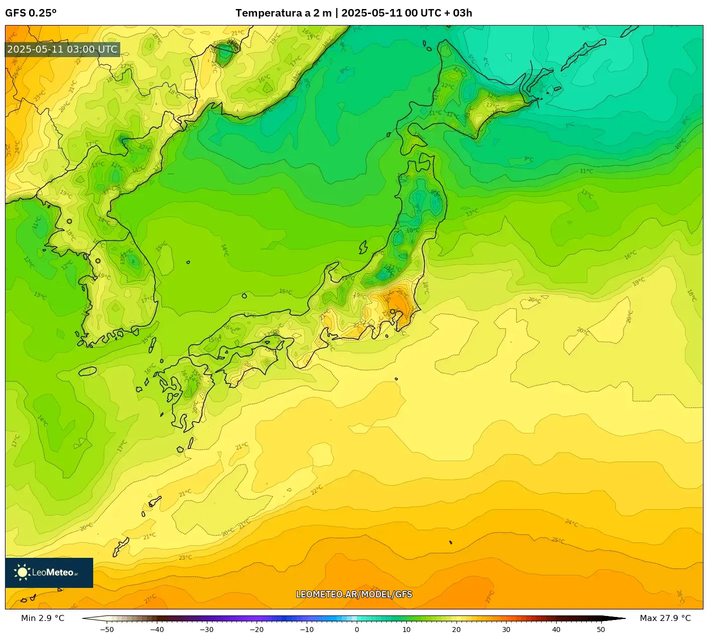 GFS - Japón, Temperatura a 2 m GFS - Japón, Temperatura a 2 m