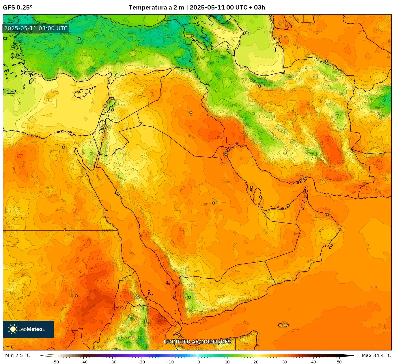 GFS - Oriente Medio, Temperatura a 2 m GFS - Oriente Medio, Temperatura a 2 m