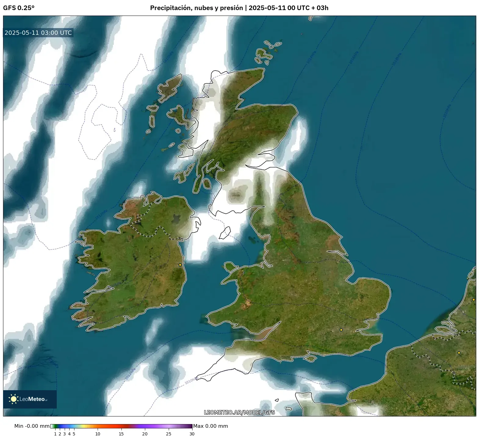 GFS - Reino Unido, Precipitación, nubes y presión GFS - Reino Unido, Precipitación, nubes y presión