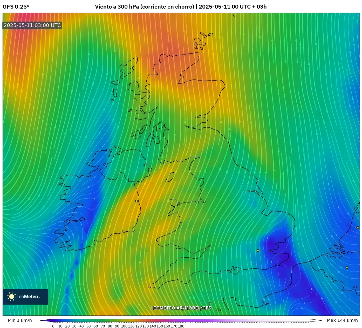 GFS - Reino Unido, Viento a 300 hPa (corriente en chorro) GFS - Reino Unido, Viento a 300 hPa (corriente en chorro)