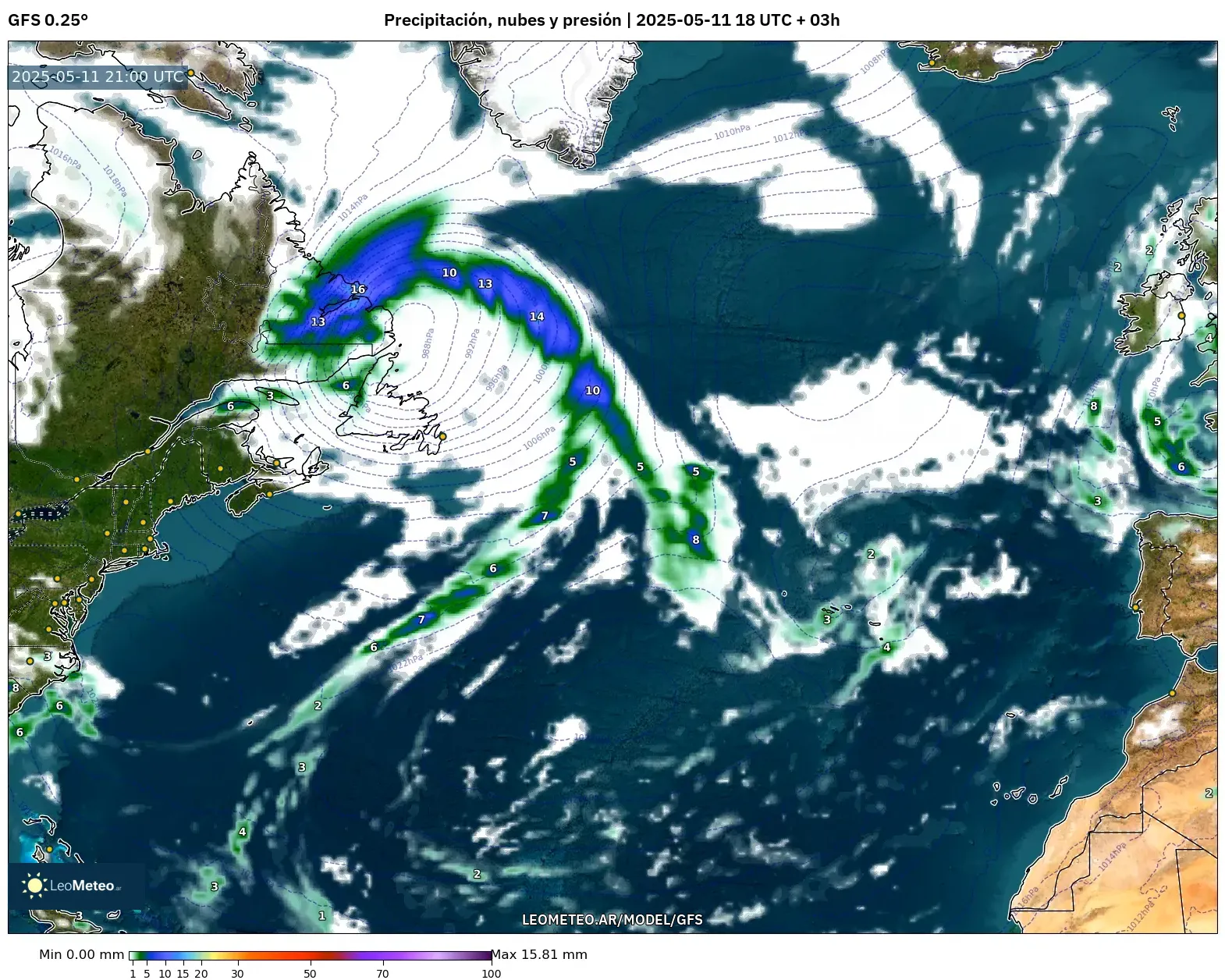 GFS - Norte Atlántico, Precipitación, nubes y presión GFS - Norte Atlántico, Precipitación, nubes y presión