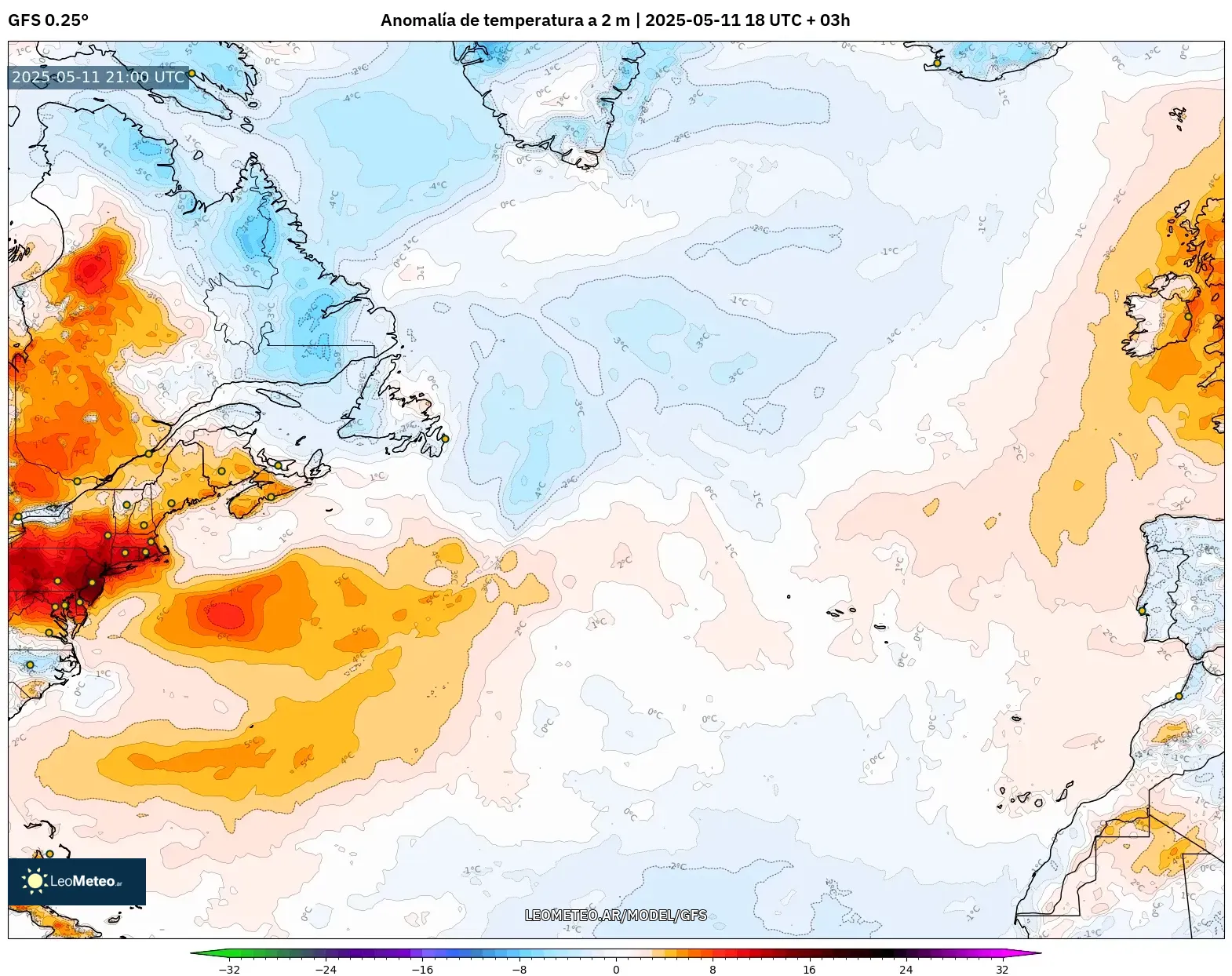 GFS - Norte Atlántico, Anomalía de temperatura a 2 m GFS - Norte Atlántico, Anomalía de temperatura a 2 m