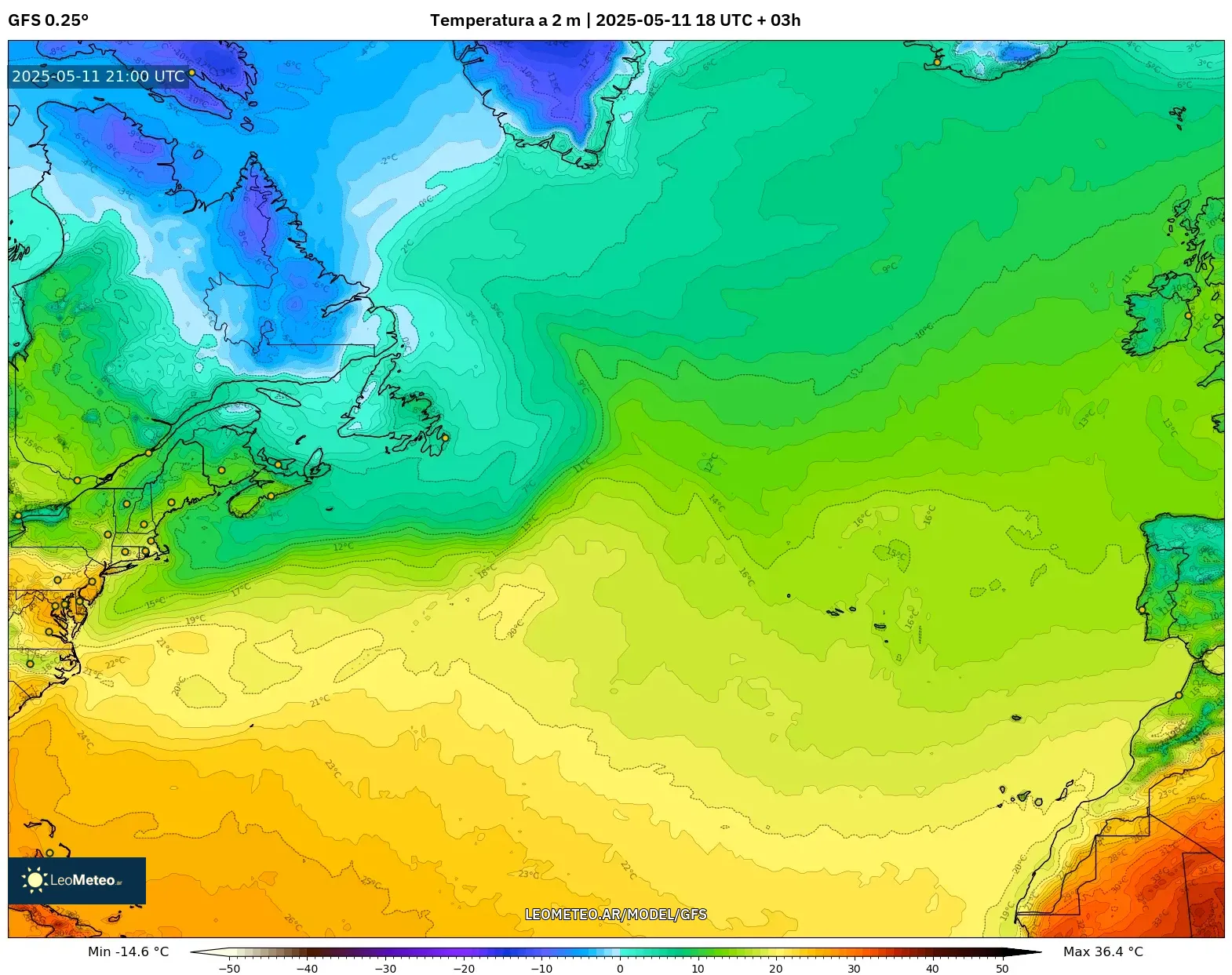 GFS - Norte Atlántico, Temperatura a 2 m GFS - Norte Atlántico, Temperatura a 2 m