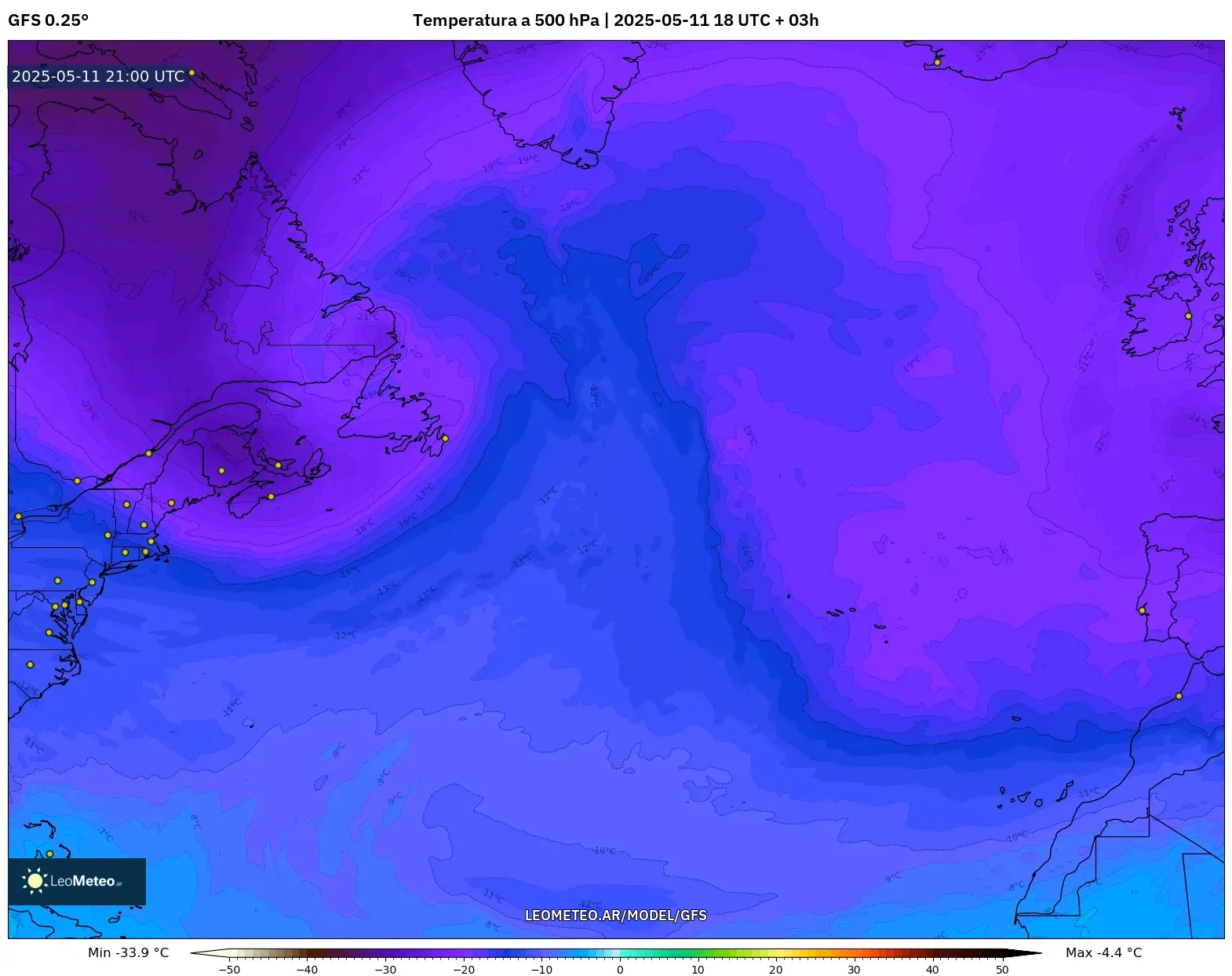 GFS - Norte Atlántico, Temperatura a 500 hPa GFS - Norte Atlántico, Temperatura a 500 hPa