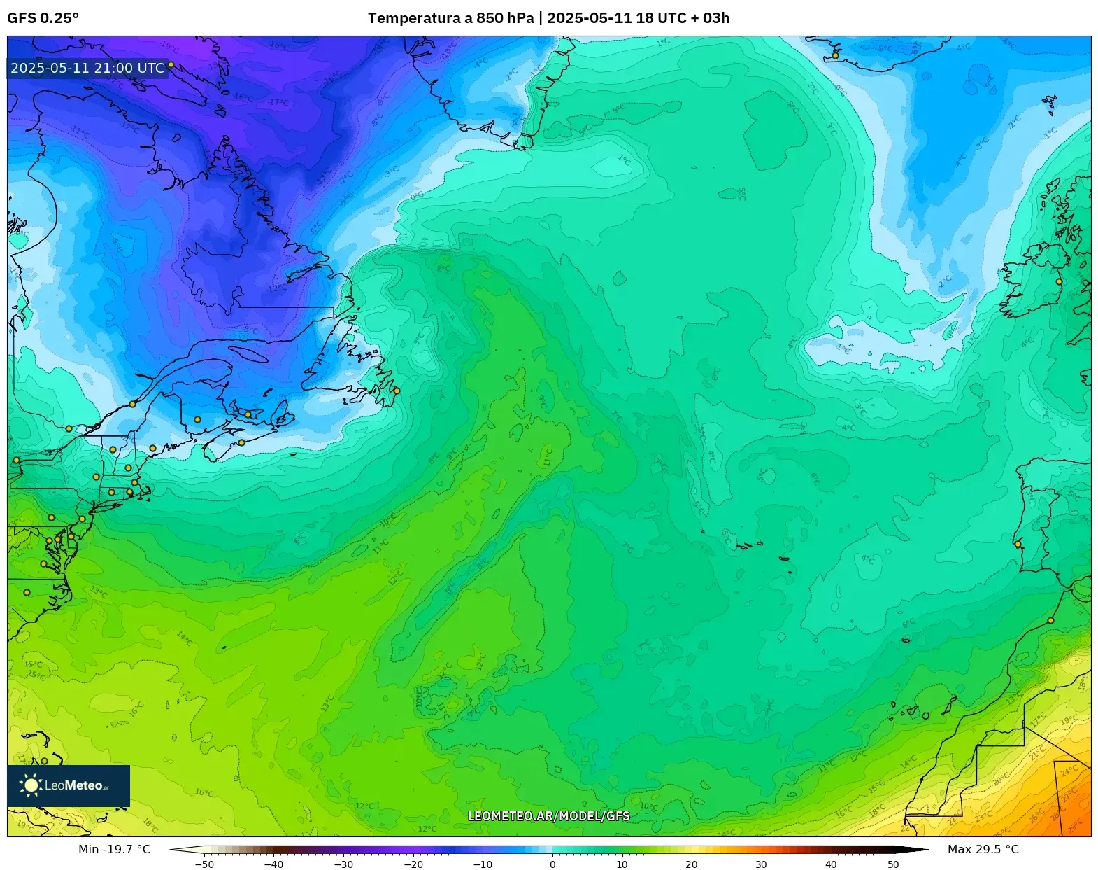 GFS - Norte Atlántico, Temperatura a 850 hPa GFS - Norte Atlántico, Temperatura a 850 hPa